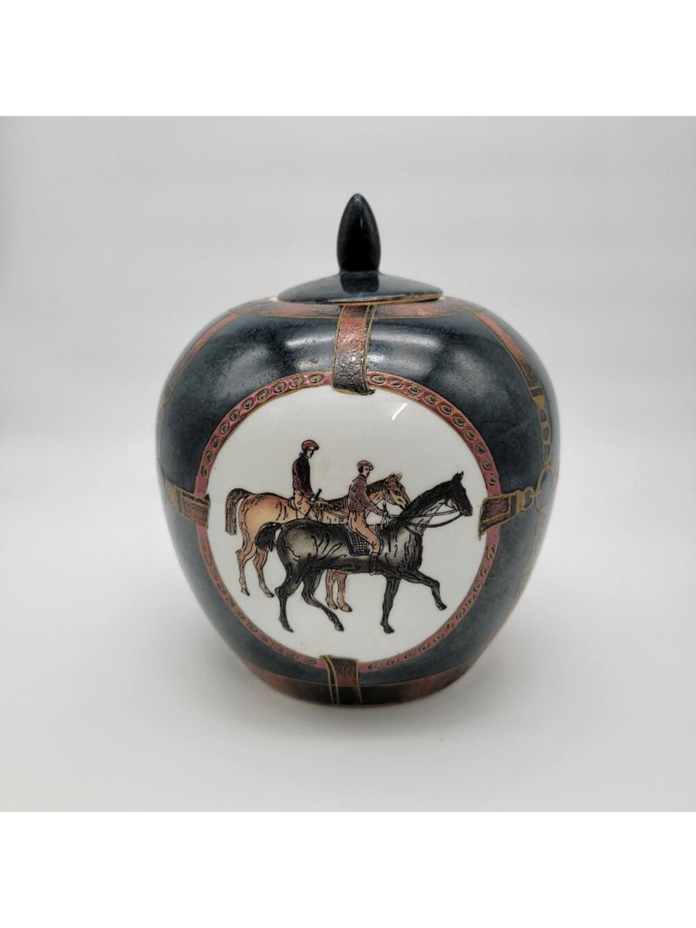Vintage WBI Equestrian Porcelain Ginger Jar With Lid Featuring Horseback Riders